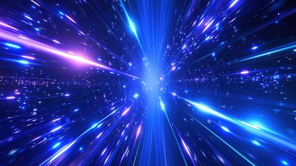 Abstract concept of a hyperspace jump with blue streaks and particles simulating high-speed travel through a starfield. - obrazy, fototapety, plakaty