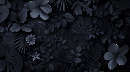 Monochromatic vector background with scattered abstract black leaves and flowers