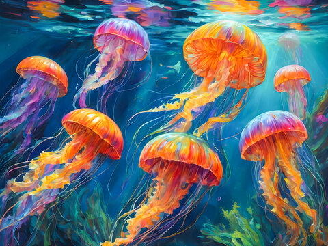 oil painting Jellyfish in the ocean. Illustration of underwater world.