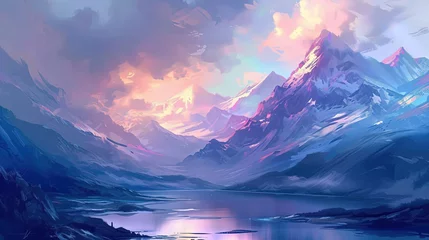 Fotobehang A breathtaking digital painting of a snow-capped mountain range with a reflective lake under a dramatic, colorful sunset sky. © Rattanathip