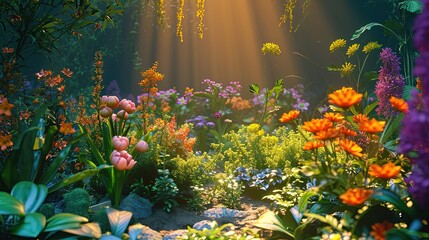 Fototapeta na wymiar Sunbeams filter through the forest canopy, casting a warm glow on a diverse array of colorful flowers in a serene woodland clearing.