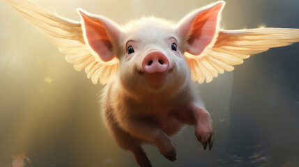 Cute little piglet with angel wings flying in the sky