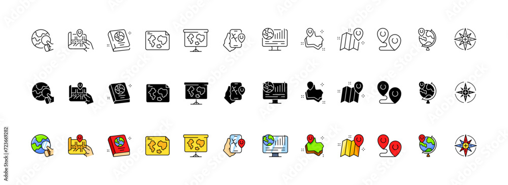 Poster map icon set. collection of navigation icons. linear, silhouette and flat style. vector icons