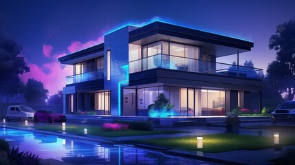 the night scene of a modern house with blue lights. Digital concept, illustration painting.