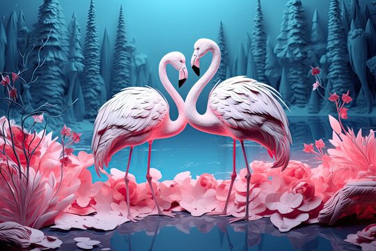 Heart of Nature - Two Pink Flamingos on a Flowery Lagoon