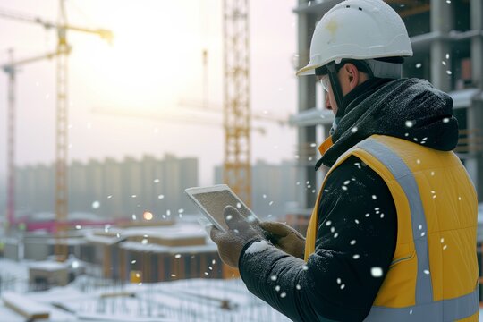 Side View Photo Of Man In White Helmet And Yellow Vest Standing On The Roof On Construction Site With Cranes, Using His Tablet, In The Style Of Snow Scenes, Light Yellow And Silver, Iso 200, Solarizi