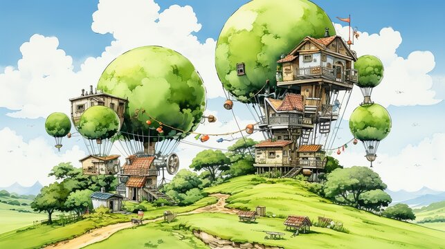 the houses and trees are flying in the air above trees and hills. Digital concept, illustration painting.