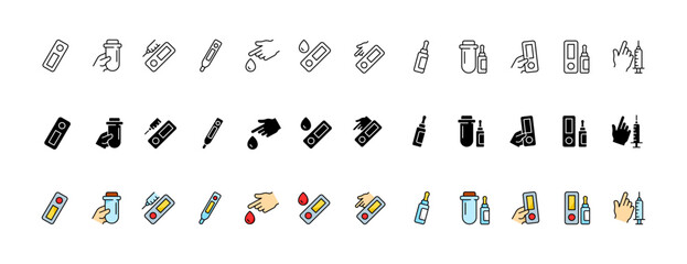 Tests icon set. Test tube collection. Linear, silhouette and flat style. Vector icons