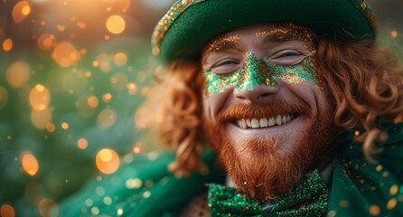 St. Patrick's Day Celebration: A Man in a Green Hat and Beard with Gold Paint on His Face Generative AI - obrazy, fototapety, plakaty