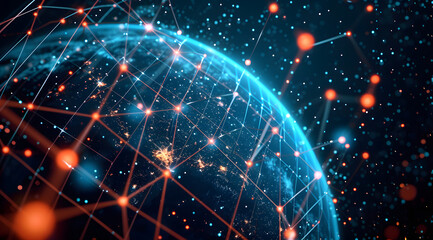 Obraz premium Illustration of global network connections and communication technology for internet business and telecommunication, featuring earth connector, earth map, and a 3D globe with an electronic network.