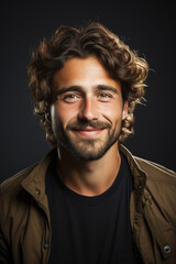 Fototapeta premium A rugged man with a warm smile and stylish jacket gazes confidently at the camera, showcasing his well-groomed beard, moustache, and eyebrows
