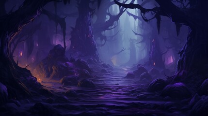 the dark and mysterious forest with purple glow. Digital concept, illustration painting.