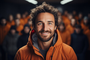 Fototapeta premium A confident man with a charming smile, sporting a stylish jacket and a well-groomed beard, poses for the camera indoors