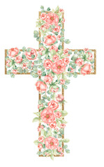 Graphic Easter Cross Clipart, Spring Floral Arrangements, Baptism Crosses DIY Invitation, Watercolor peony flowers and Greenery wedding clipart, Golden frame and roses and foliage, Holy Spirit