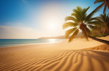 Obraz premium Palm tree on the beach, golden sand in the background of the sea and sky, free space for an inscription