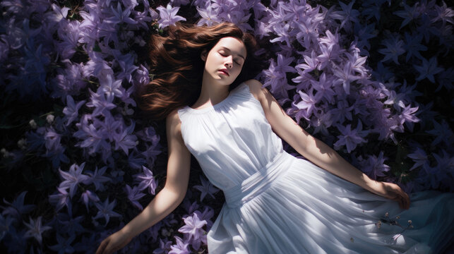 Spring time travel, beautiful woman laying down on flown Japanese purple lily flowers called Katakuri on the hill in spring trip, Japan, AI generated, copy space for text