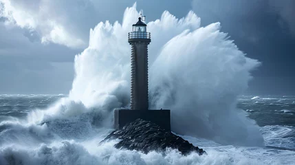  Big stormy waves crashing on the breakwater with lighthouse in background.  © korkut82