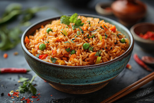Chopsticks and bowl of fried red rice with vegetables.