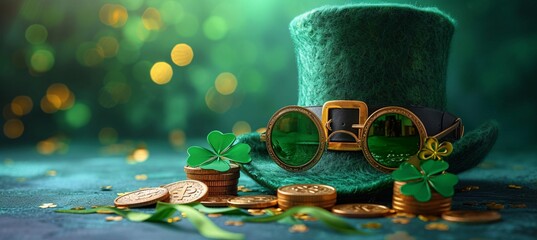 St. Patrick's Day Celebration: A Leprechaun's Treasure Chest of Gold Coins and Shamrock Decorations Generative AI - obrazy, fototapety, plakaty