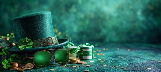 Naklejka premium St. Patrick's Day Celebration: Green Beanie, Sunglasses, and Gold Coins Generative AI