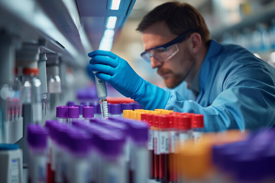 An image of a scientist researching new blood testing methods in a laboratory setting,