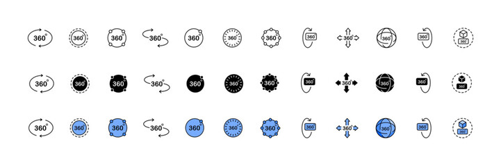 360 degrees icon collection. Linear, silhouette and flat style. Vector icons
