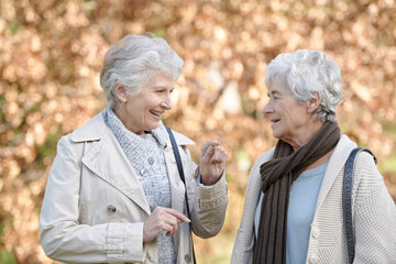 Senior women, happy and conversation in park by autumn leaves, together and bonding on retirement in outdoor. Elderly friends, smile or communication on vacation in england, care or social in nature