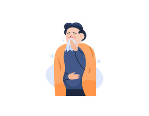 A man who has flu or colds. wearing a blanket because of the body is feverish. using tissues. health problems and diseases. the character of people. Cartoon or flat style illustration design. graphic 