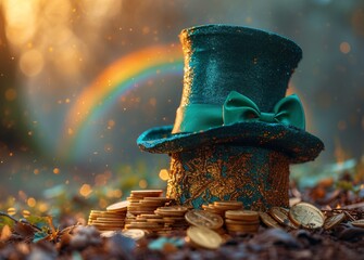 Rainbow-colored, glittery green top hat with gold coins and a bow Generative AI