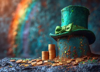 Naklejka premium St. Patrick's Day Celebration: A Rainbow of Coins and a Green Top Hat Generative AI