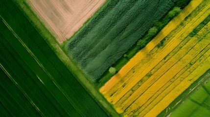 Aerial View of Diverse Agricultural Fields Creating a Vivid Patchwork Landscape Signifying Growth and Harvest