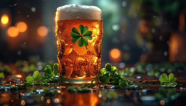 St. Patrick's Day Celebration: A Shamrock-Filled Glass of Beer Generative AI