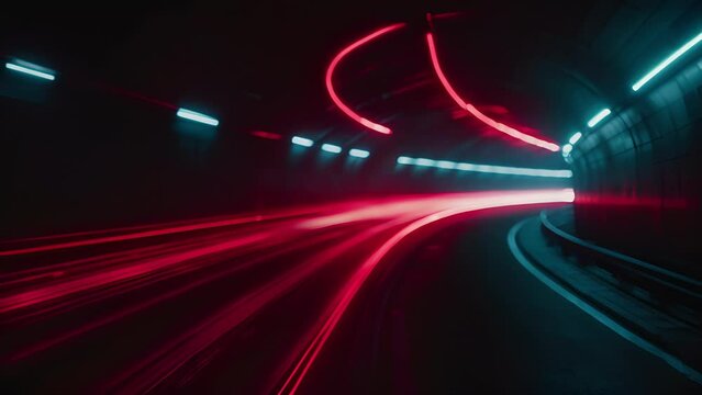 Slow motion footage of car tail lights leaving a vibrant trail of red beams as it navigates through a dimly lit tunnel. The light streaks almost seem to dance against the