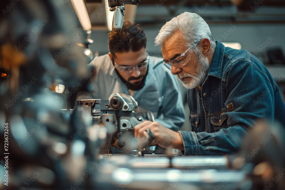 Poster A worker and a colleague inspect a machine part made on a machine