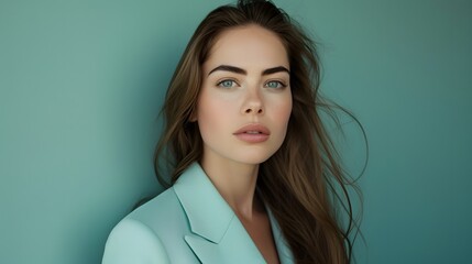 Portrait of a Young Woman with Deep Blue Eyes and a Poised Demeanor Against a Teal Background