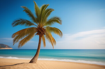 Obraz premium Palm tree on the beach, golden sand in the background of the sea and sky, free space for an inscription