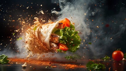 Explosive Deconstructed Chicken Wrap with Dynamic Ingredients Mid-Air in a Culinary Art Presentation