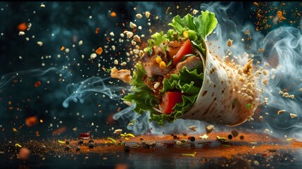 Vibrant Explosion of Flavor with a Delectable Chicken Wrap in Artistic Motion Against a Dark Backdrop - obrazy, fototapety, plakaty