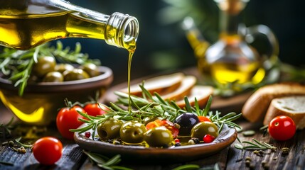 Gourmet Olive Oil Pouring Over a Medley of Fresh Olives and Herbs with Rustic Kitchen Backdrop