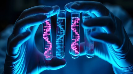 Futuristic Laboratory Scene with a Scientist's Hands Holding Test Tubes of Glowing DNA Sequences