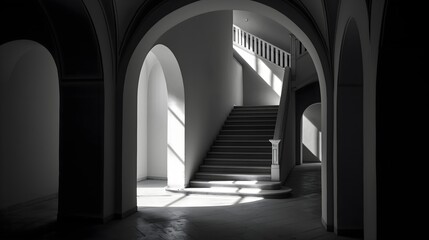 Arch Door and Stairs in Monochrome.