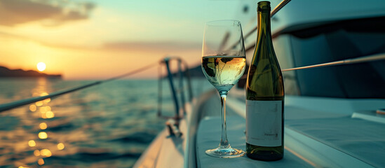 Fototapeta na wymiar glass and bottle of champagne on a yacht. over the sea. luxury vacation.