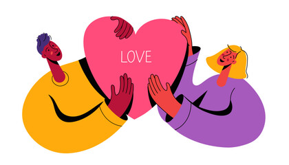 Happy young romantic couple together. Wife and husband loving relationships. Happy Valentine's day greeting card