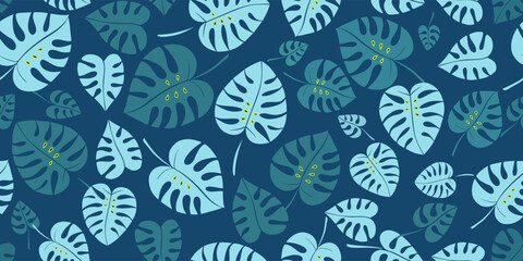 Vector illustration, Seamless pattern of blue leaves of monsters of different shades on a blue background. Background for the site, for packaging, product design, wallpaper, fabric, textile