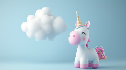 magic 3d unicorn beside cloud on blue background , lovely invintation with copyspace