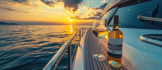 glass of champagne on a yacht. over the sea. luxury vacation.