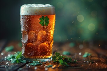 Obraz premium St. Patrick's Day Celebration: A Glass of Beer with a Clover Leaf Generative AI
