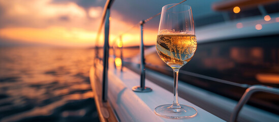 glass of champagne on a yacht. over the sea. luxury vacation.