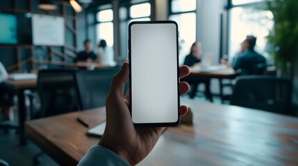 Hand holding an isolated smartphone device with blank empty white screen in is in an office meeting, business communication technology concept - obrazy, fototapety, plakaty