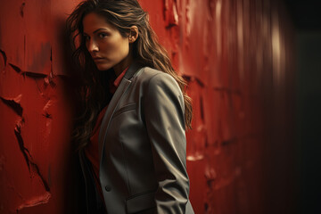 Crimson Elegance: A Businesswoman Embracing Confidence Against a Vibrant Scarlet Wall